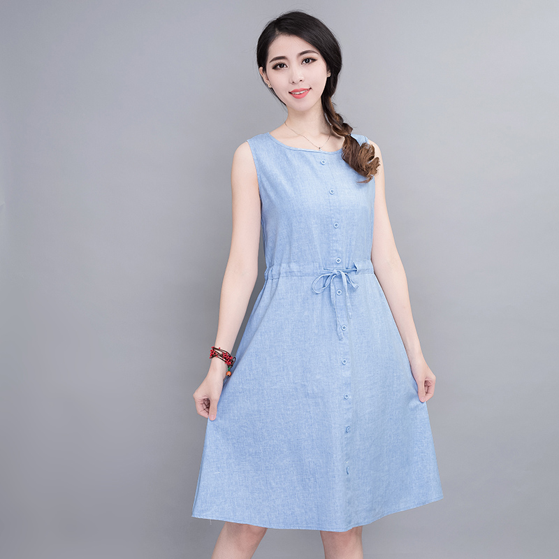 韩版棉麻连衣裙夏季纯色无袖圆领2016新款中长款收腰显瘦亚麻裙子