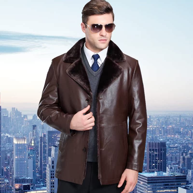 冬装新款男士加厚真皮衣 中年男装商务休闲皮毛一体皮衣夹克外套