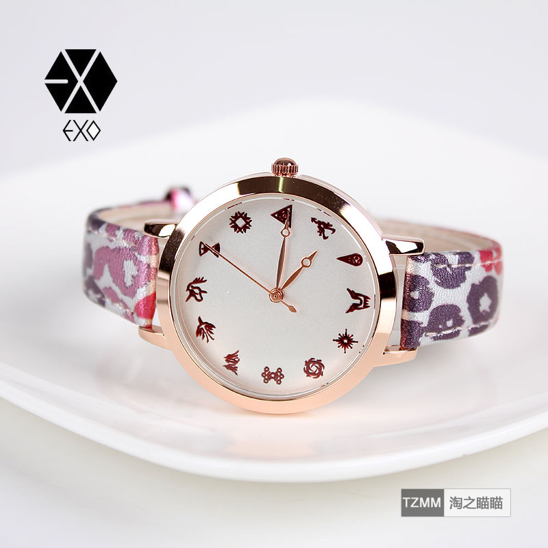 韩国EXO标志图标学生手表少女手表简洁流行时尚豹纹青少年皮带表