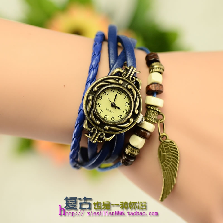复古新款全新普通绿色手工编织男女学生儿童三分带手链手表腕表