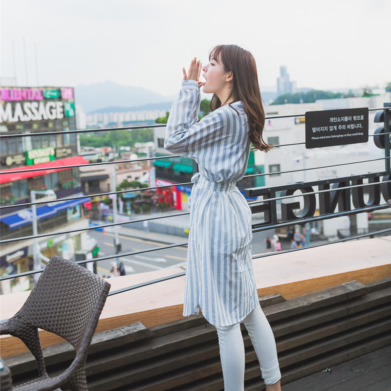 原创设计 2016秋季长袖条纹衬衫女士中长款韩版修身棉麻开衫外套