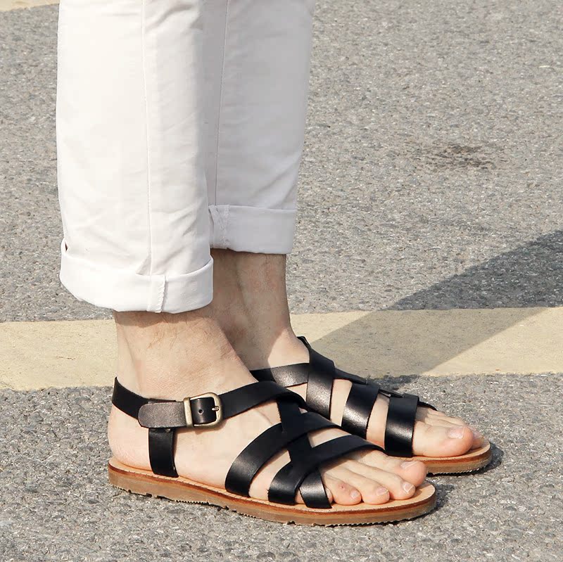 LOVEROOF新款夏季韩版潮流男士凉鞋真皮露趾罗马鞋沙滩皮凉鞋