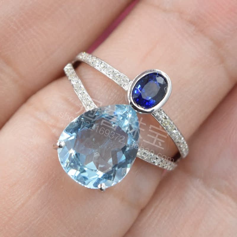 冠誉珠宝 18K玫瑰金配钻石镶嵌海蓝宝石戒指 水滴形 镶嵌加工定制