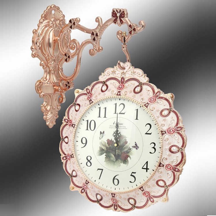 新款创意欧式挂钟树脂玫瑰花钟田园双面钟超大静音个性两面钟