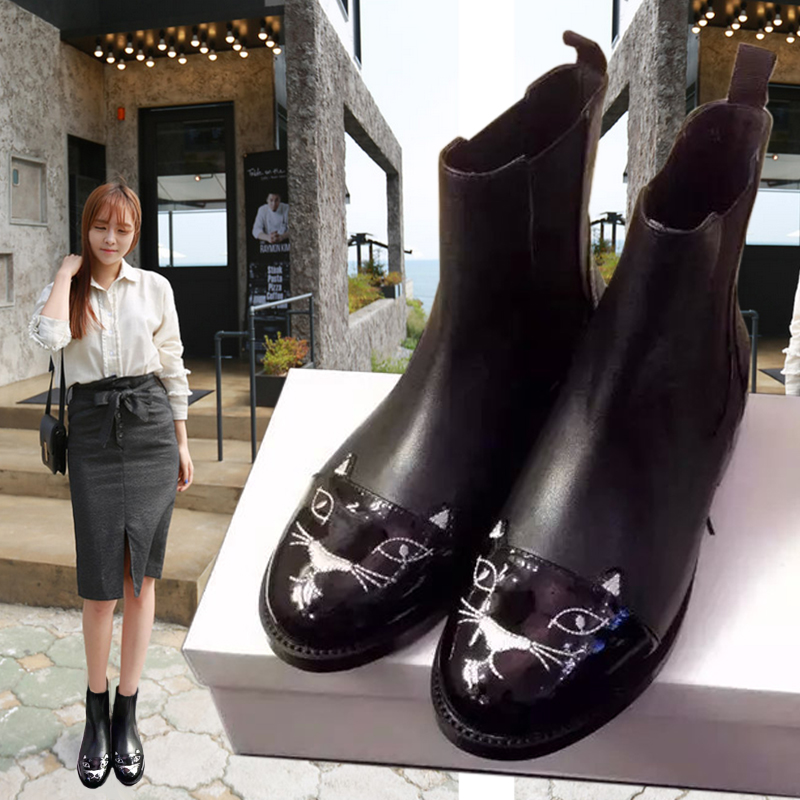 2015秋冬新款黑色刺绣猫咪靴平底女短靴真皮圆头平跟套筒马丁靴潮