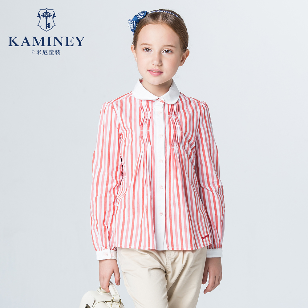 卡米尼童装2016春装新款女童长袖衬衫中大儿童纯棉条纹翻领衬衣潮
