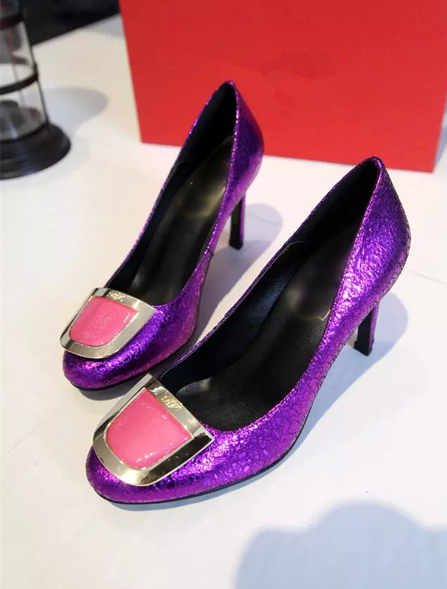 欧洲站方扣紫红色真皮浅口单鞋2015新款欧美大牌圆头细跟高跟鞋子