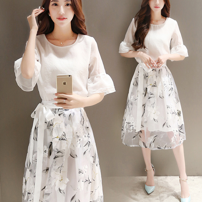 2016夏季新款韩版女装雪纺短袖气质印花欧根纱连衣裙两件套装女