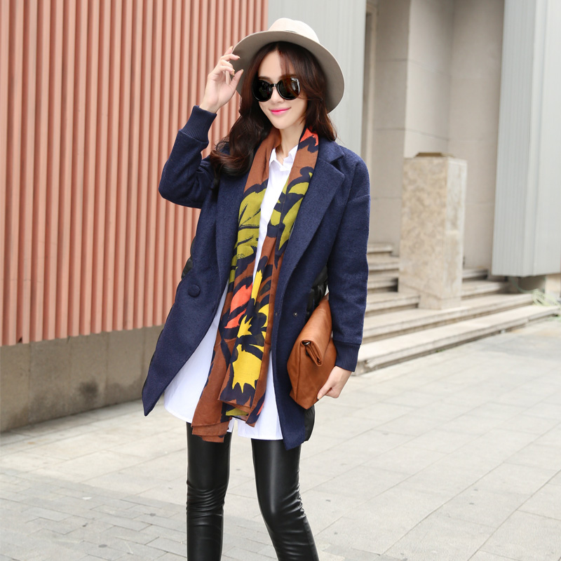 2015冬季新品韩版修身女士中长款长袖毛呢风衣呢子外套