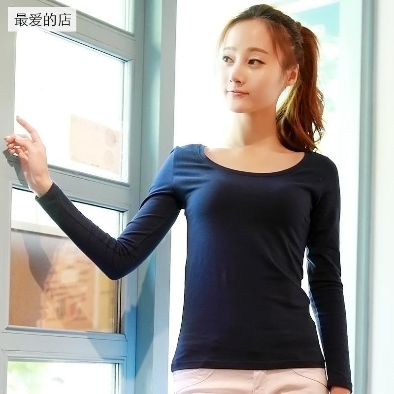 韩版夏秋装纯色圆领修身体恤打底衫 精梳纯棉紧身女式长袖Ｔ恤衫