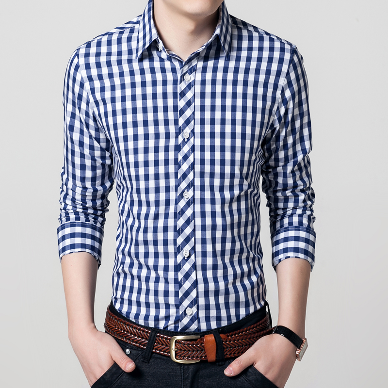 2016秋季男款小格子衬衫修身韩版英伦潮男青年时尚休闲长袖衬衣棉