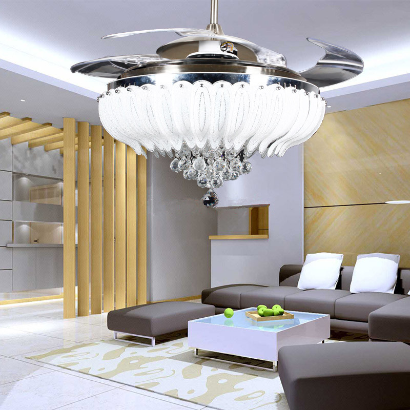 水晶风扇灯LED吊扇灯餐厅隐形扇现代简约风扇灯客厅大厅42寸折叠