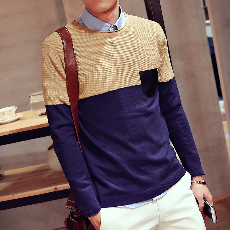都市潮流风2015新款韩版拼色休闲圆领毛衣男士针织衫新款促销