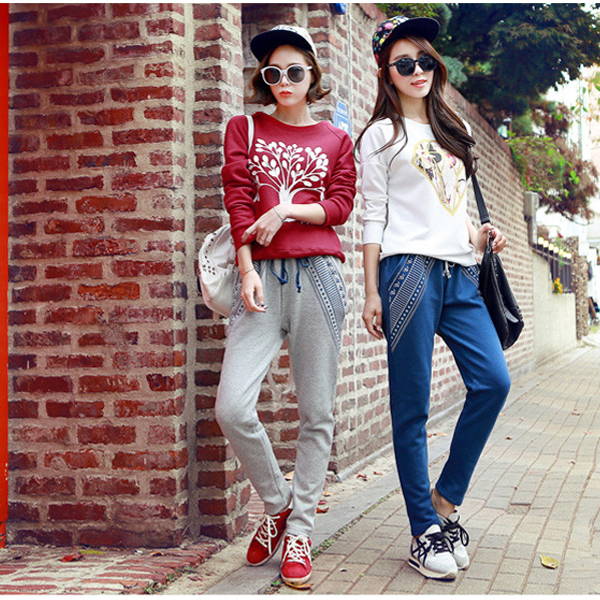女装两色拼接时尚韩版中腰加绒休闲裤学院风加厚款口袋铅笔裤女