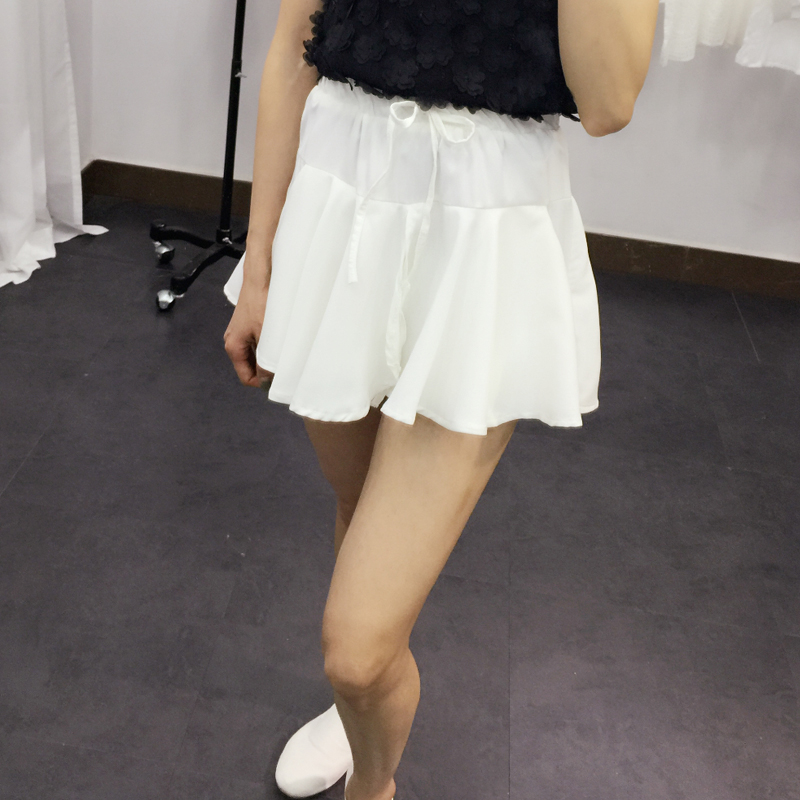 韩版夏季带内衬拼接系带短裙半身裙松紧腰白色黑色透气清凉