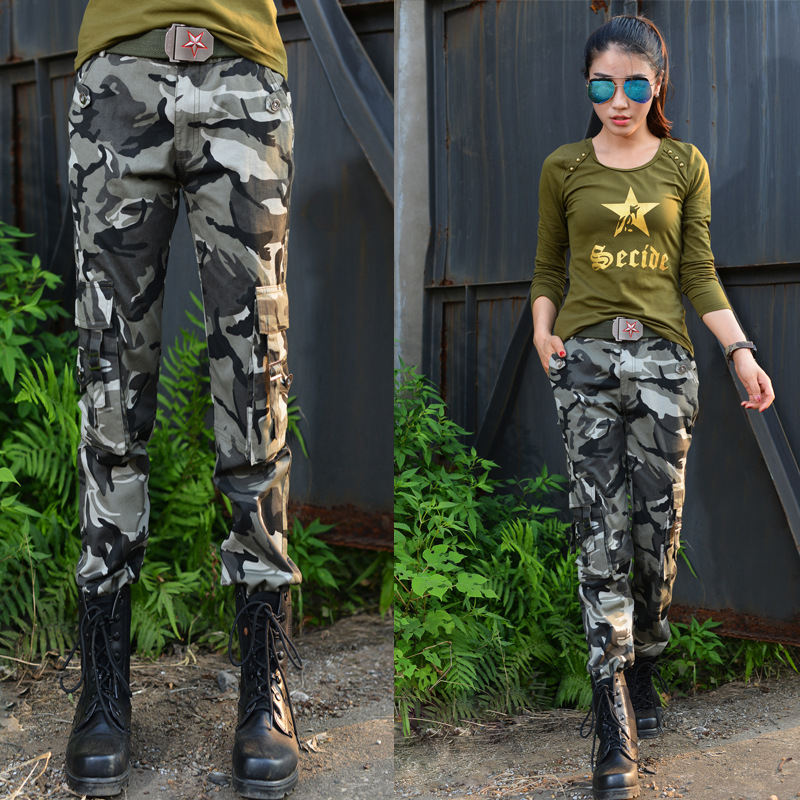 早秋新款女装运动户外野战军迷彩套装军绿T恤迷彩长裤两件套装