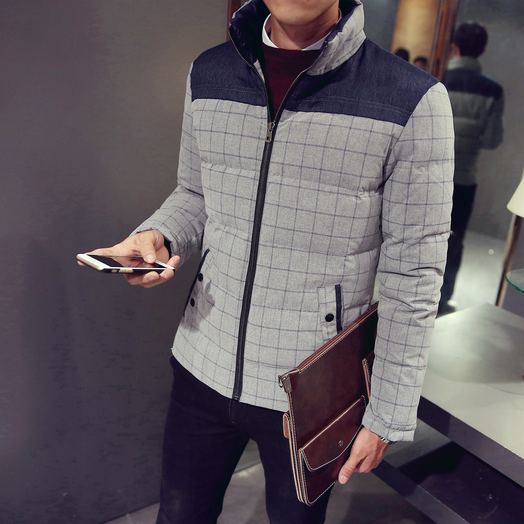 都市潮流 2015冬季新款男士韩版格子羽绒服外套