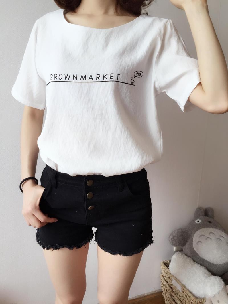 2015夏季新款女装 口袋印花字母圆领套头竹节棉短袖t恤百搭