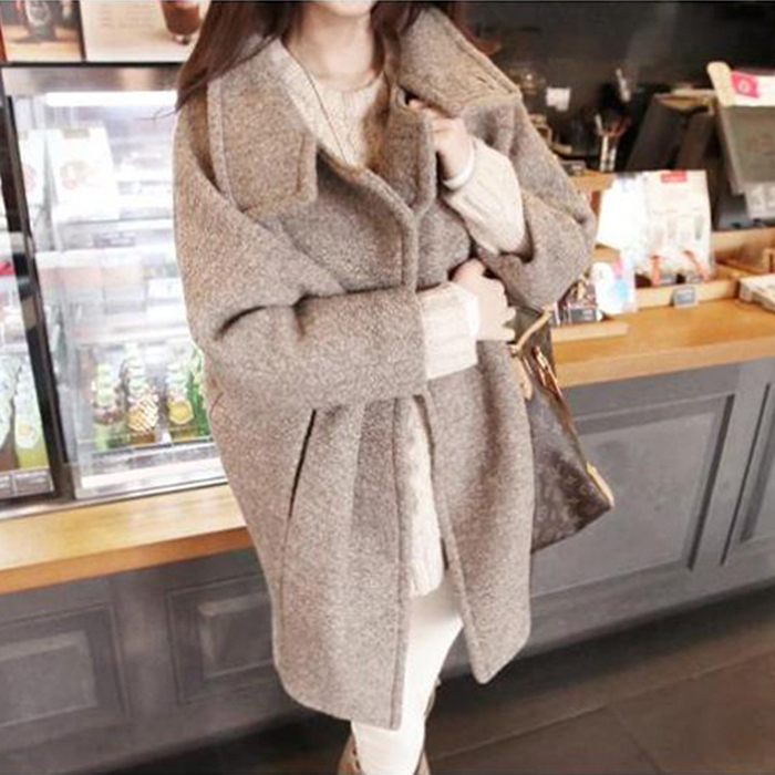 韩国新款2015茧型宽松羊毛呢子大衣韩版中长款斗篷粗花毛呢外套女