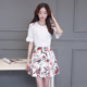 夏季新款喇叭袖纯白色花边拼接上衣+印花短裙套装女韩版