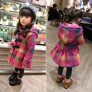女童格子呢大衣夹棉加厚中长款童装2015冬季新款儿童韩版带帽外套
