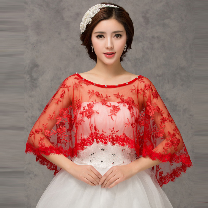 新款蕾丝披肩红白色斗篷式披肩新娘春秋夏季结婚婚纱礼服套头外搭