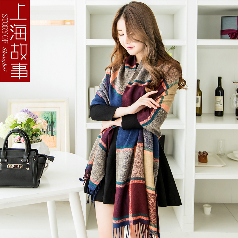 上海故事保暖格子围巾秋冬新款女式冬天围巾披肩两用羊毛围巾围脖