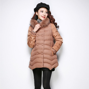 2014杭派女装冬装新款热销韩版时尚纯色拼接连帽中长款棉衣