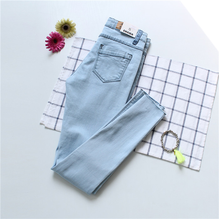 韩国订单 极简型显瘦包身休闲裤口撕边牛仔长裤铅笔裤 现货