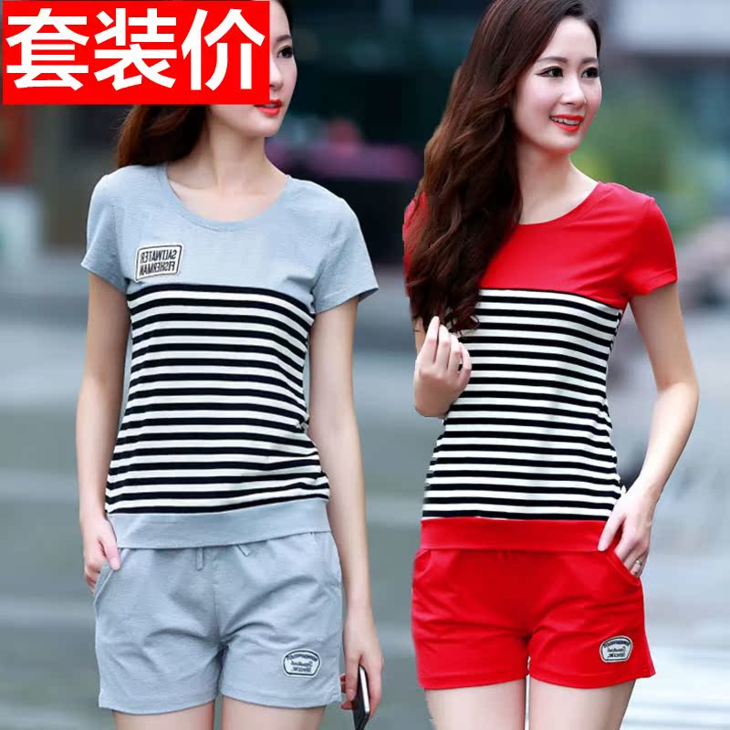 夏季时尚韩版宽松大码短袖T恤短裤条纹女士休闲运动两件套装衣服