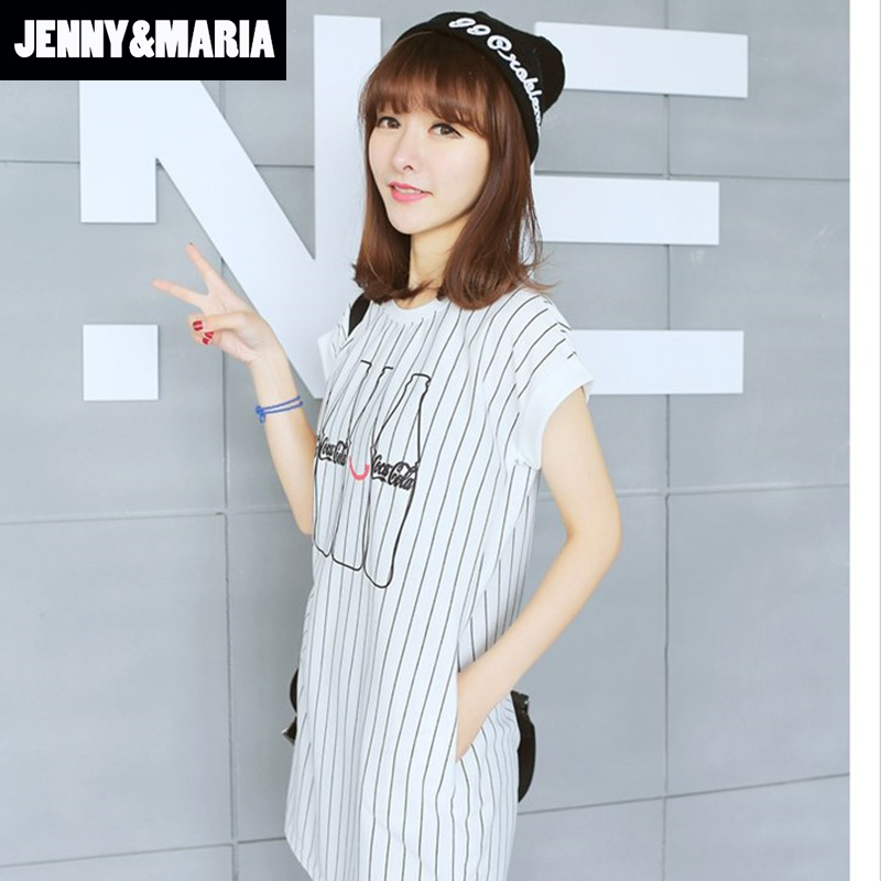 2015夏季新款韩版时尚宽松百搭条纹印花短袖长T恤可爱连衣裙