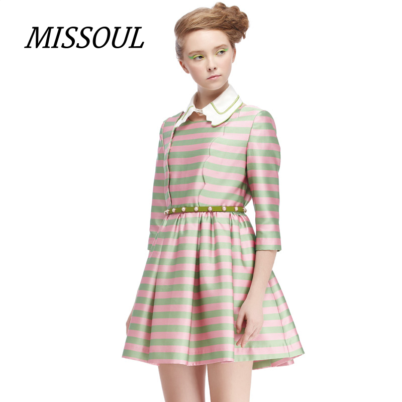 missoul米素春专柜同款时尚条纹百褶宽松网纱连衣裙
