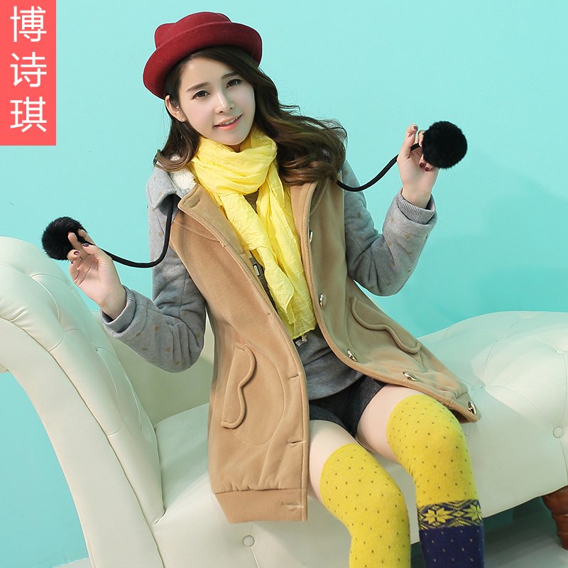 博诗琪2014冬装新款韩版少女学生连帽中长款连帽加厚拼接毛呢外套