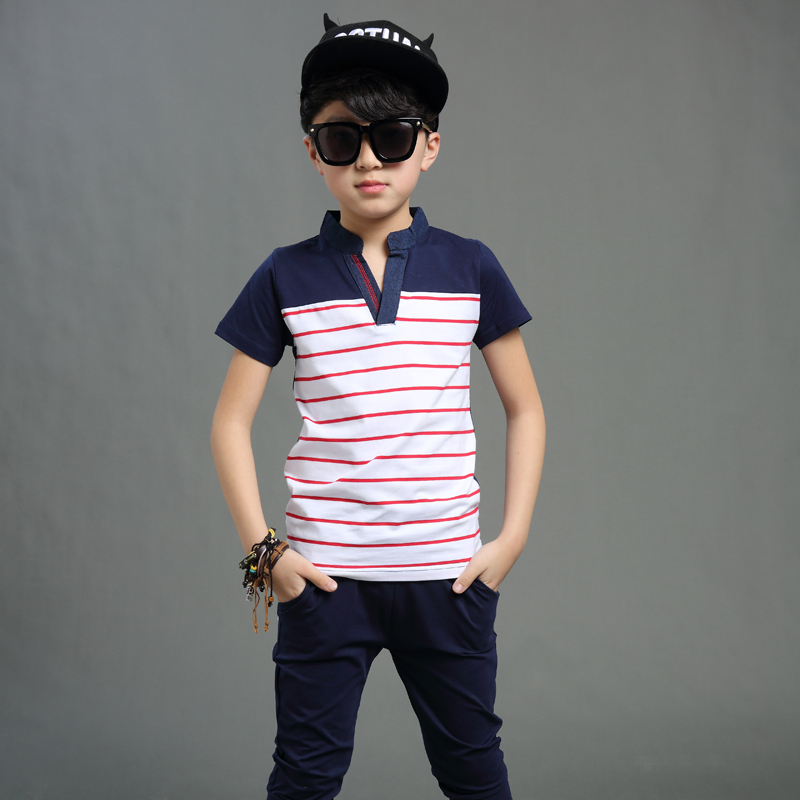 童装男童套装夏装2015新款韩版条纹款运动休闲大童中裤儿童两件套
