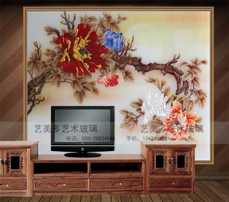 金箔艺术玻璃背景墙 现代客厅玄关玻璃壁画电视机沙发墙富贵牡丹