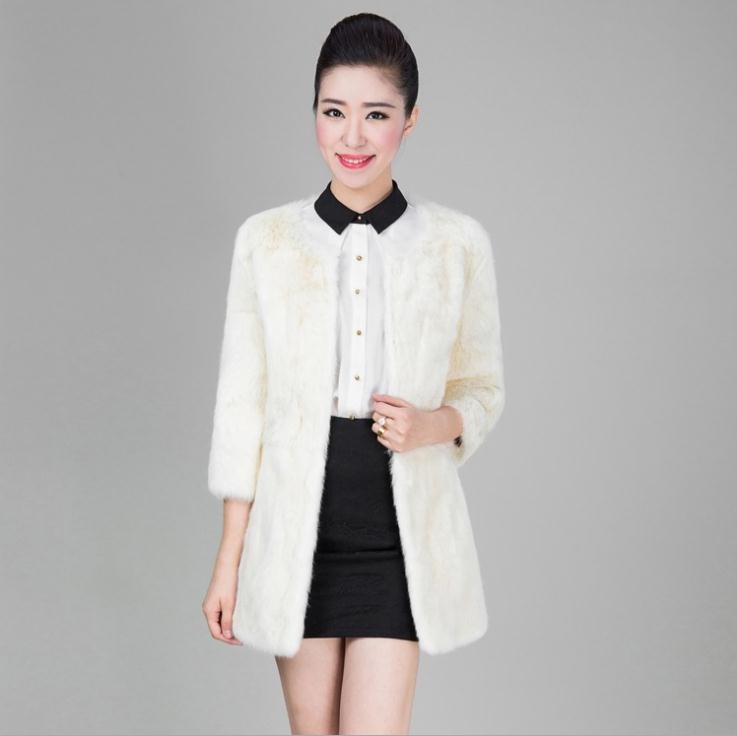 韩版2015冬季 圆领七分袖显瘦中长款 整皮兔毛皮草时尚外套女