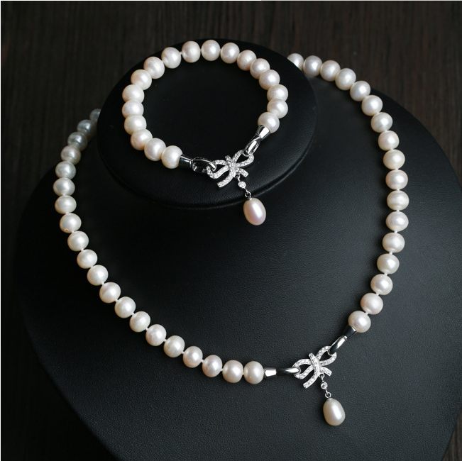 新款天然珍珠项链手链S925银镶锆石蝴蝶结项链手链套装礼物送女友