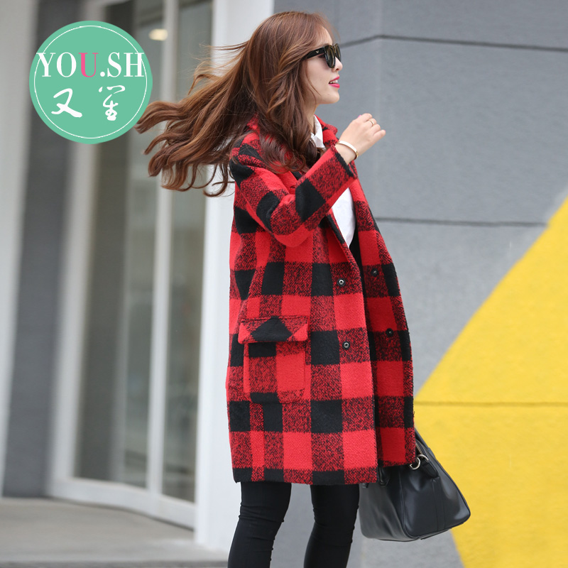 2015秋冬新款韩版茧型羊毛呢外套女格子中长款呢子大衣宽松显瘦潮