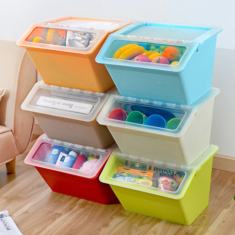可叠加透明多彩斜口收纳箱创意儿童玩具零食家居整理箱衣物收纳箱