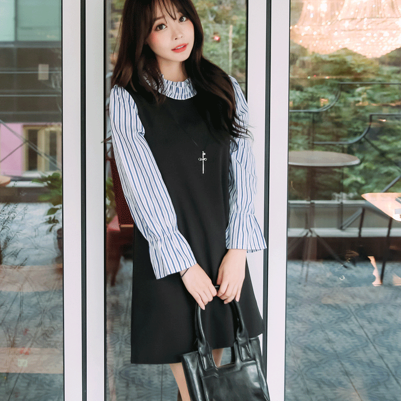韩版女装秋装新款拼接条纹长袖连衣裙气质A型显瘦裙