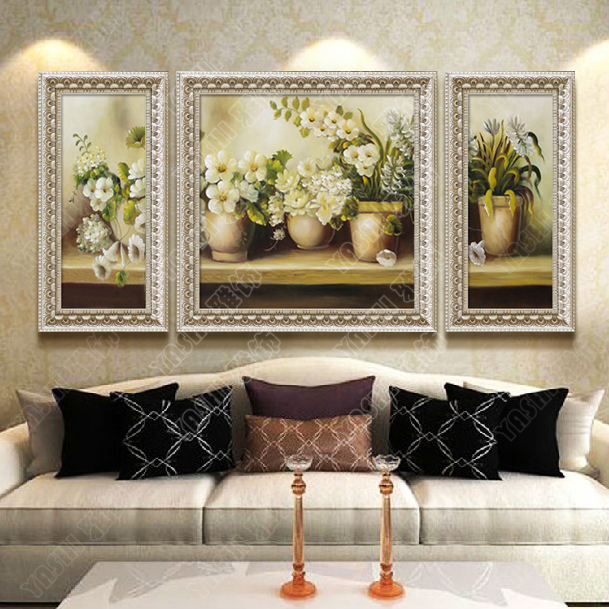欧式手绘油画客厅装饰画沙发背景墙画油画简约餐厅挂画有框三联画