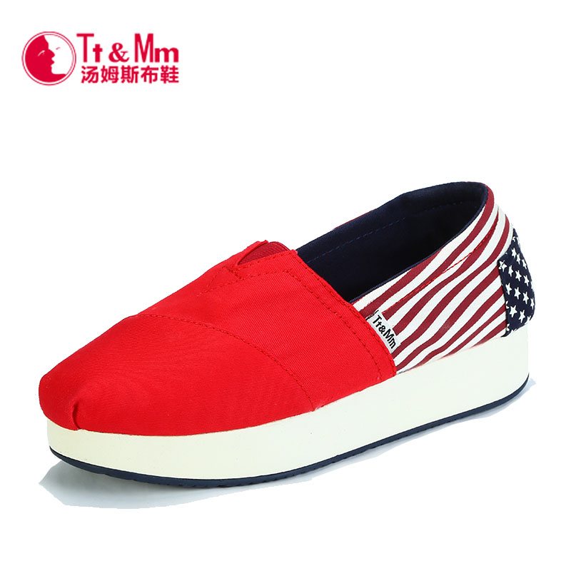 TtMm汤姆斯女鞋2015秋季红色国旗厚底拼色帆布鞋休闲松糕跟懒人鞋