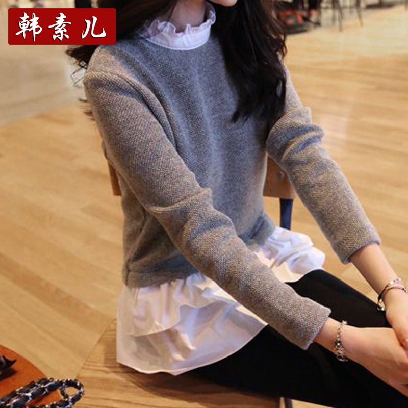 2015秋季新款韩版学风院假两件毛呢上衣女中长款打底衫修身针织衫