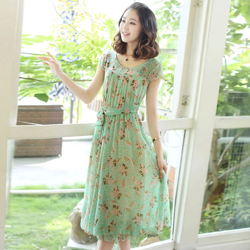 2015夏季早春新款女装韩版印花大码波西米亚雪纺中长裙套装连衣裙