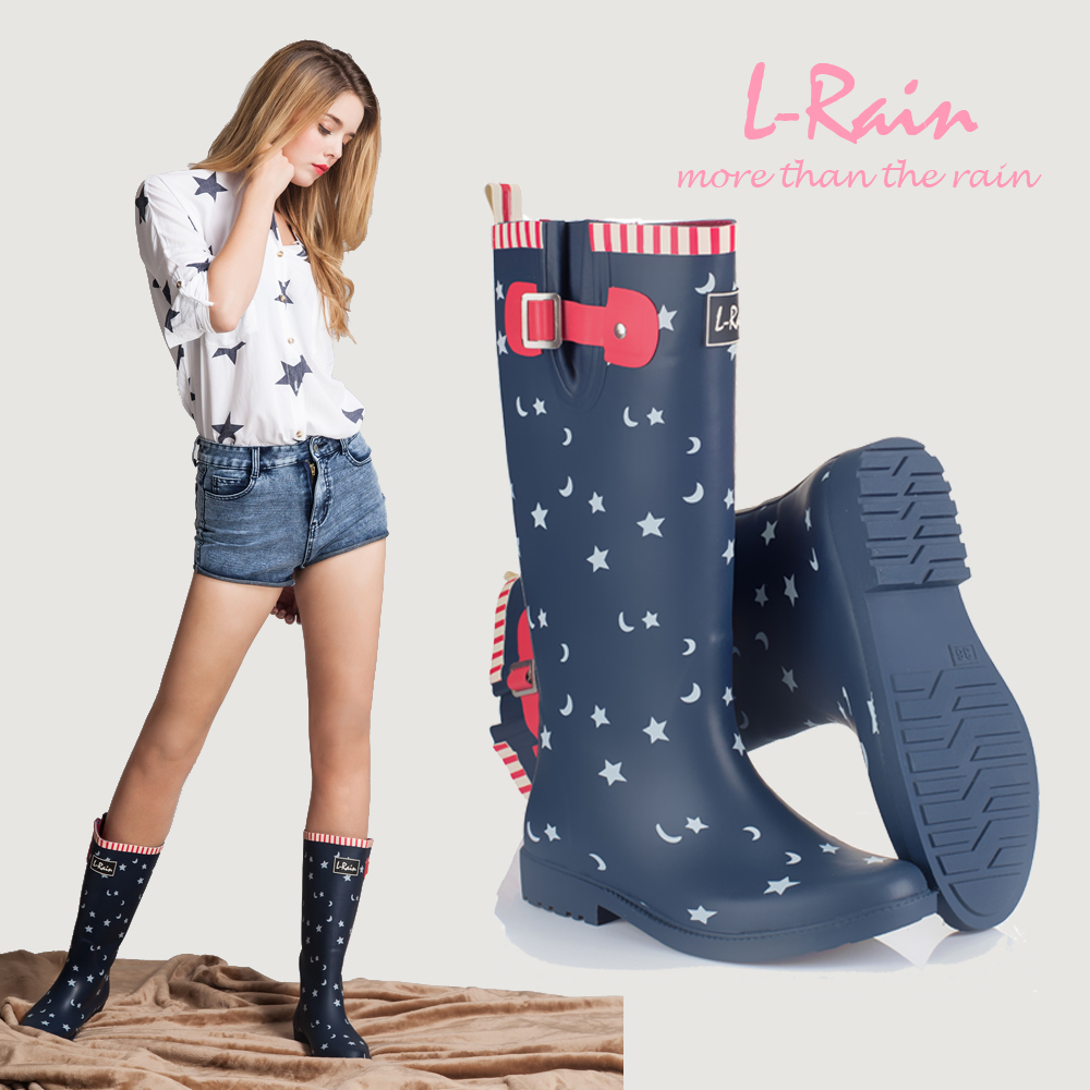 L-Rain春夏新款时尚高筒星月美国国旗橡胶女雨鞋/雨靴/水鞋