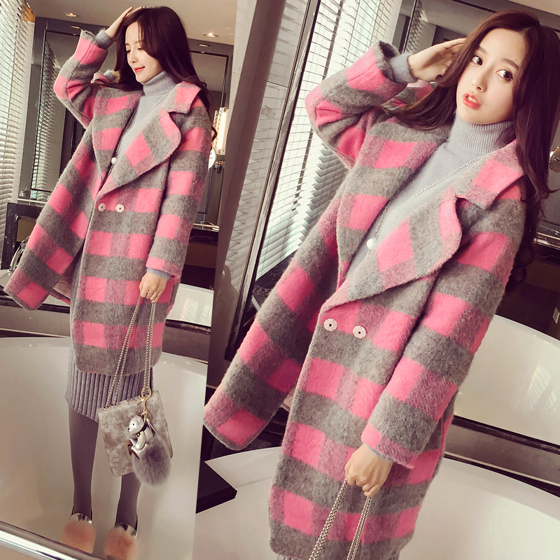 女装2015冬装外套韩国新款西装领女士粉色格子大衣中长款毛呢外套