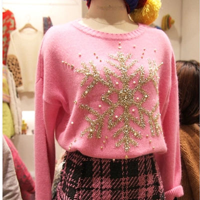 2014韩版超美的新款甜美珍珠水钻圣诞雪花针织衫保暖可爱毛衣