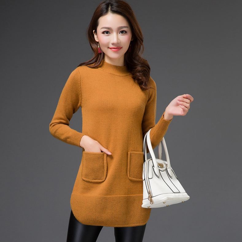 2015韩版秋冬新款中长款圆领毛衣女装套头针织衫加厚打底衫女显瘦