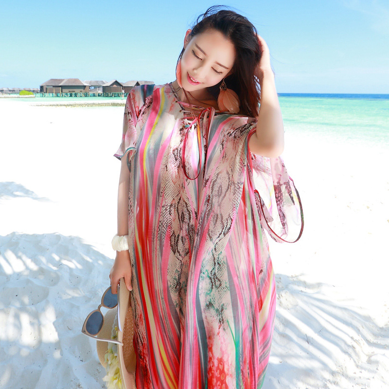 海边夏装新款印花宽松波西米亚沙滩度假风雪纺连衣裙显瘦长裙女神