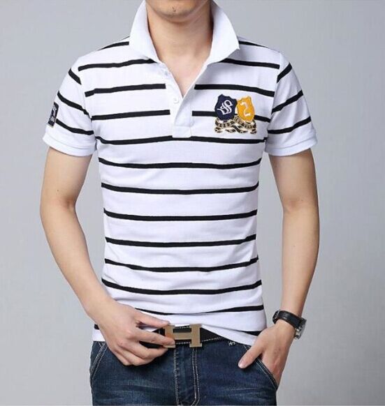 夏季男士短袖T恤韩版青年修身纯棉翻领t恤条纹时尚薄款撞色体恤潮